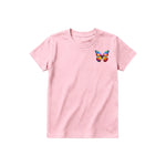 A pink short-sleeve crewneck t-shirt for youth featuring a graphic of a arthropods animal on the left chest.