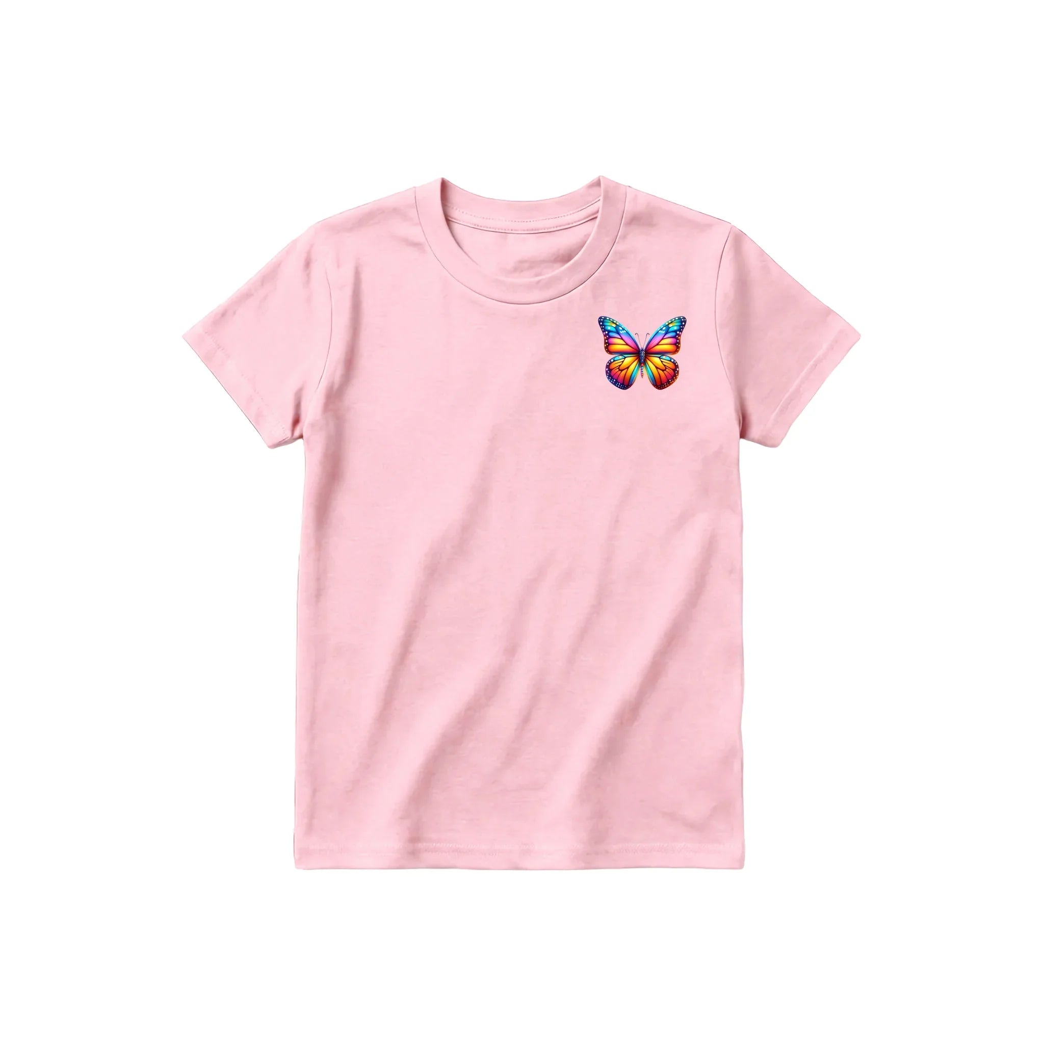 A pink short-sleeve crewneck t-shirt for youth featuring a graphic of a arthropods animal on the left chest.