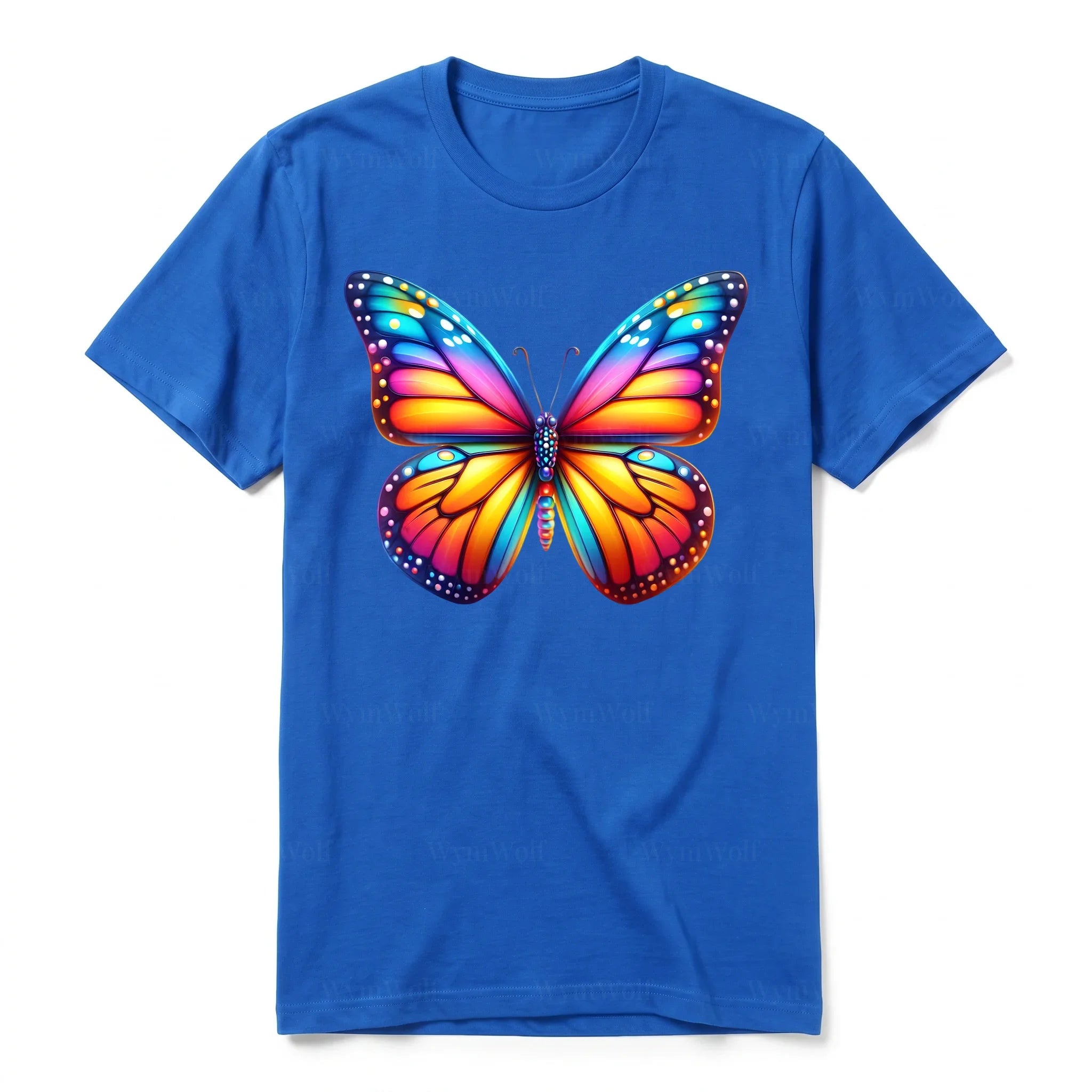 Un T-shirt royal à manches courtes et col rond, orné d'un motif représentant un arthropod sur le devant.