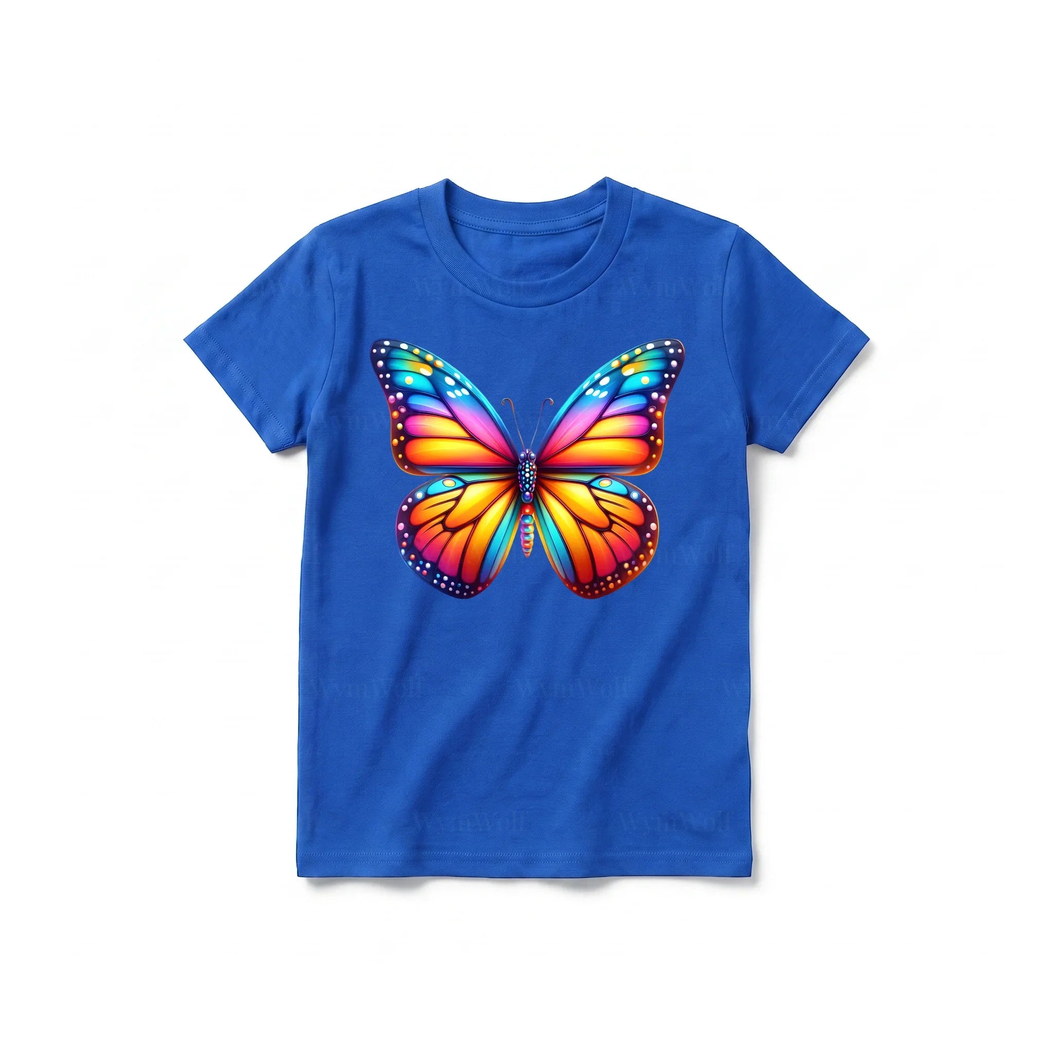 Un T-shirt royal à manches courtes et col rond pour jeune, orné d'un motif représentant un arthropode sur le devant.