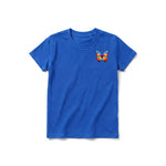 Un T-shirt royal à manches courtes et col rond pour jeune, orné d'un motif représentant un arthropode sur la poitrine gauche.