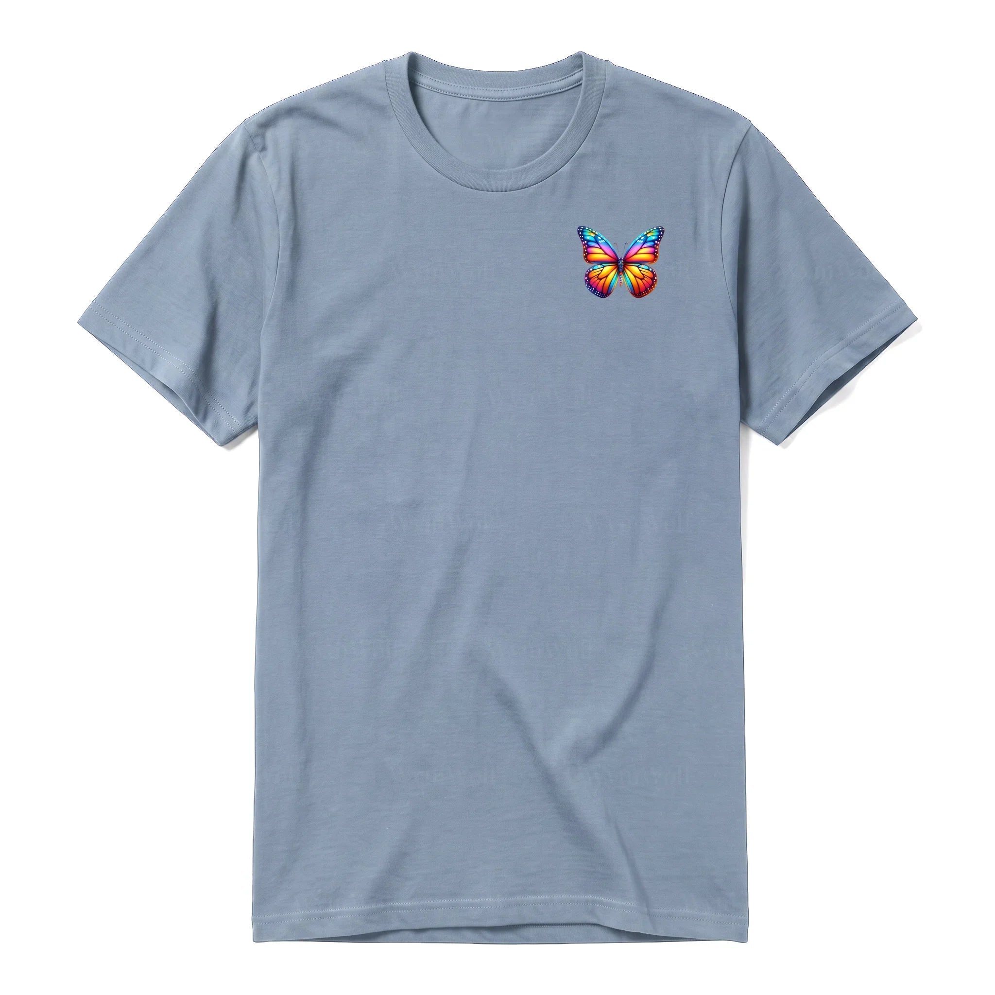 Un T-shirt steel-blue à manches courtes et col rond, orné d'un motif représentant un arthropod sur la poitrine gauche.