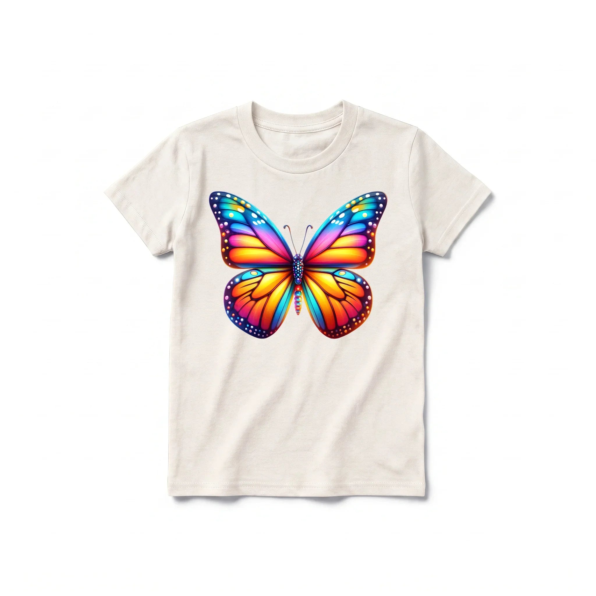 Un T-shirt blanc vintage à manches courtes et col rond pour jeune, orné d'un motif représentant un arthropode sur le devant.