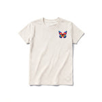 A vintage-white short-sleeve crewneck t-shirt for youth featuring a graphic of a arthropods animal on the left chest.