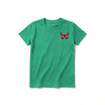 A kelly short-sleeve crewneck t-shirt for youth featuring a graphic of a arthropods animal on the left chest.
