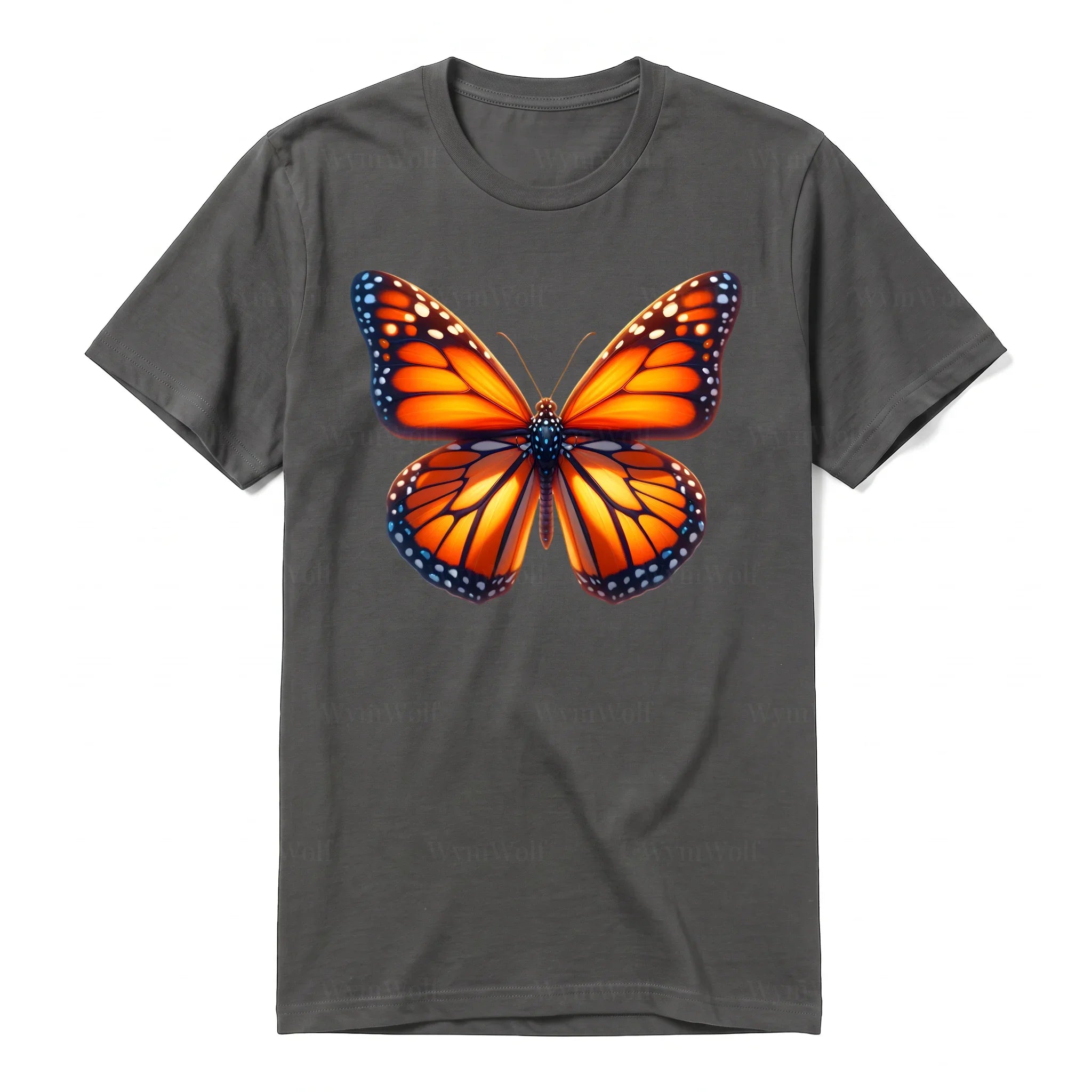 Un T-shirt charbon à manches courtes et col rond, orné d'un motif représentant un arthropod sur le devant.