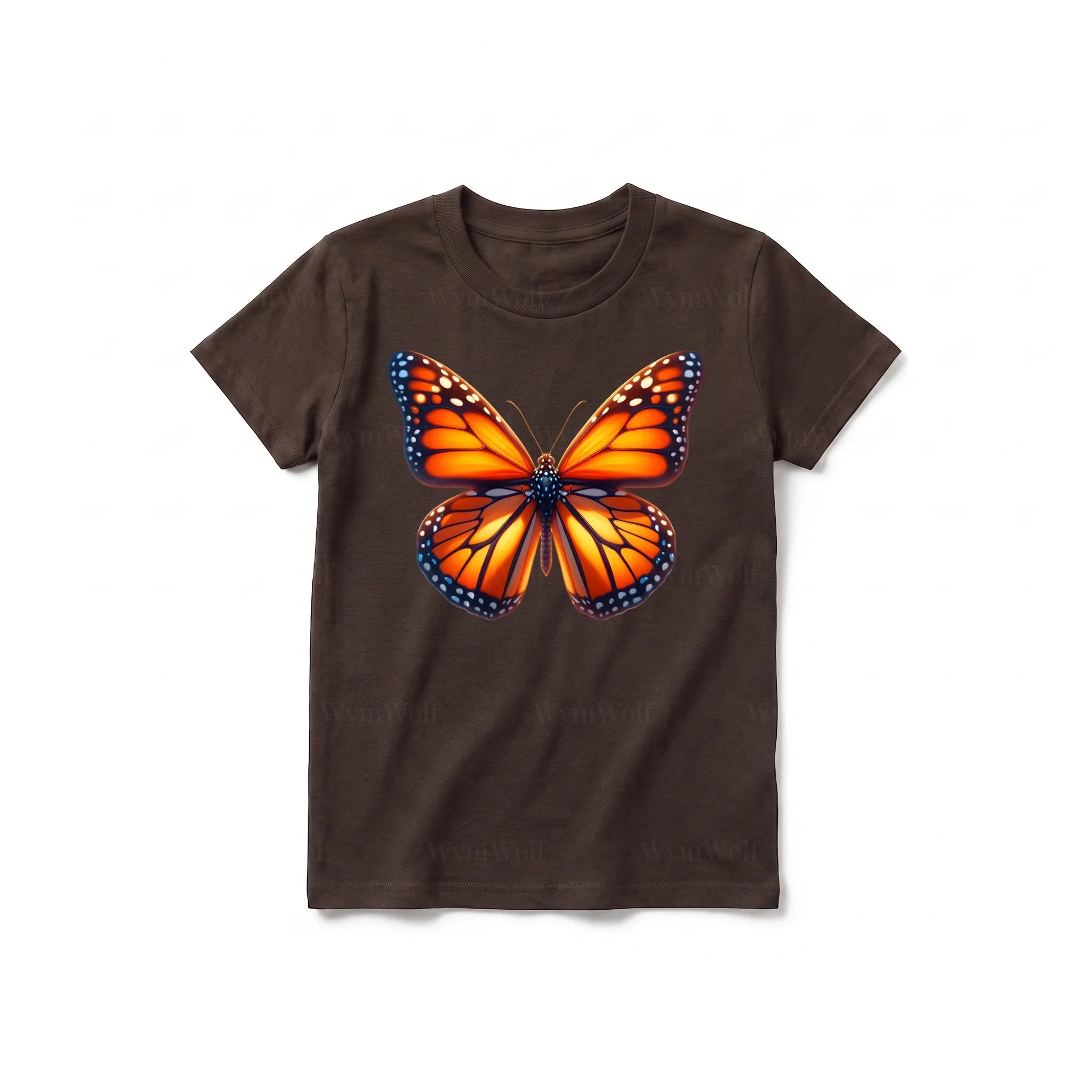 Un T-shirt chocolat à manches courtes et col rond pour jeune, orné d'un motif représentant un arthropode sur le devant.