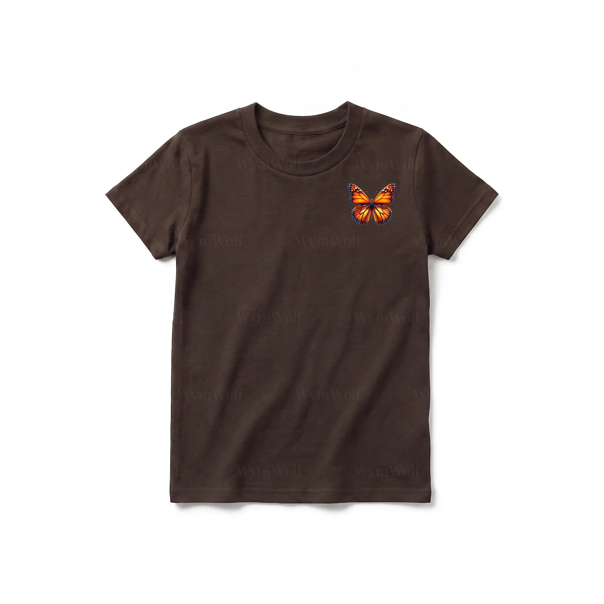 Un T-shirt chocolat à manches courtes et col rond pour jeune, orné d'un motif représentant un arthropode sur la poitrine gauche.
