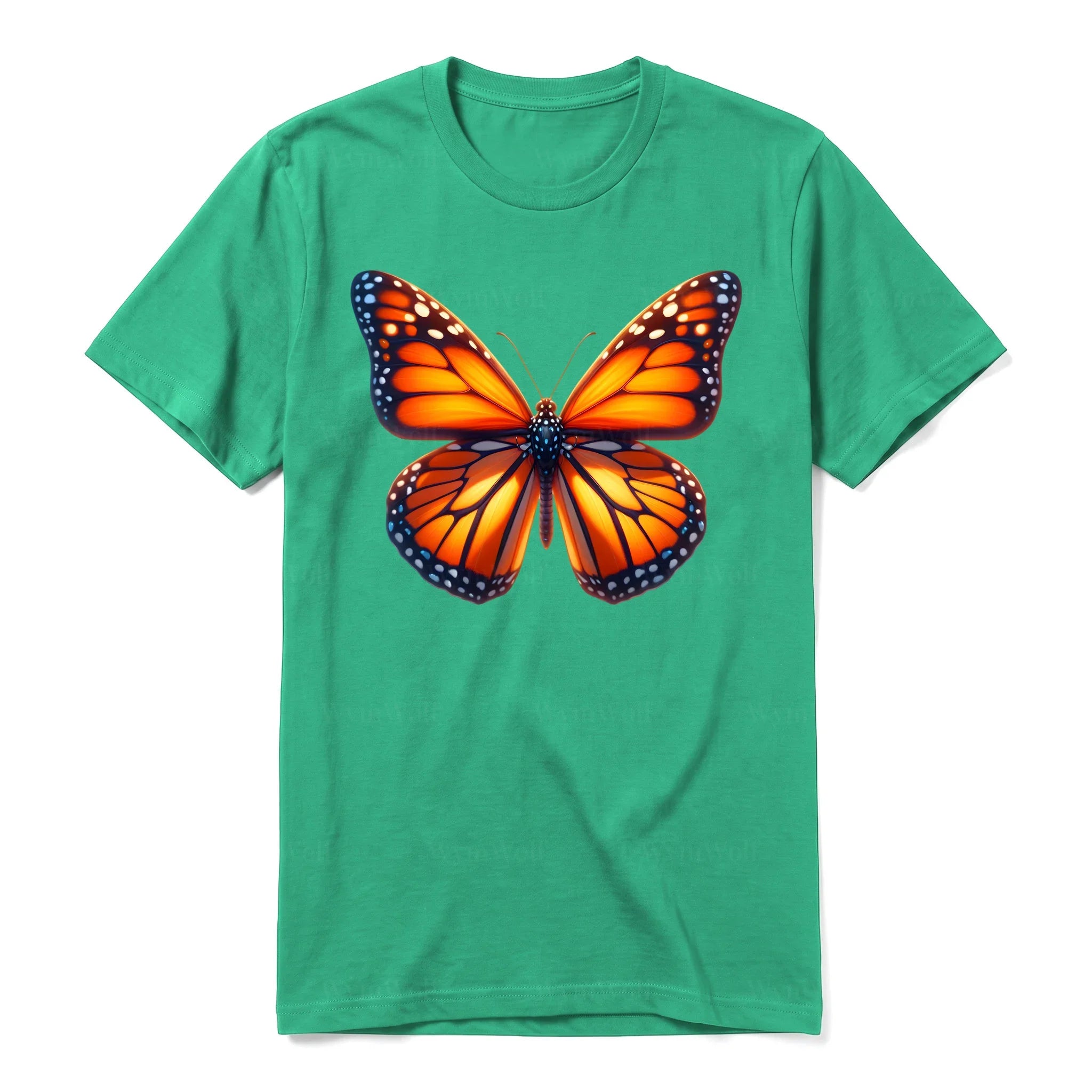 Un T-shirt kelly à manches courtes et col rond, orné d'un motif représentant un arthropod sur le devant.