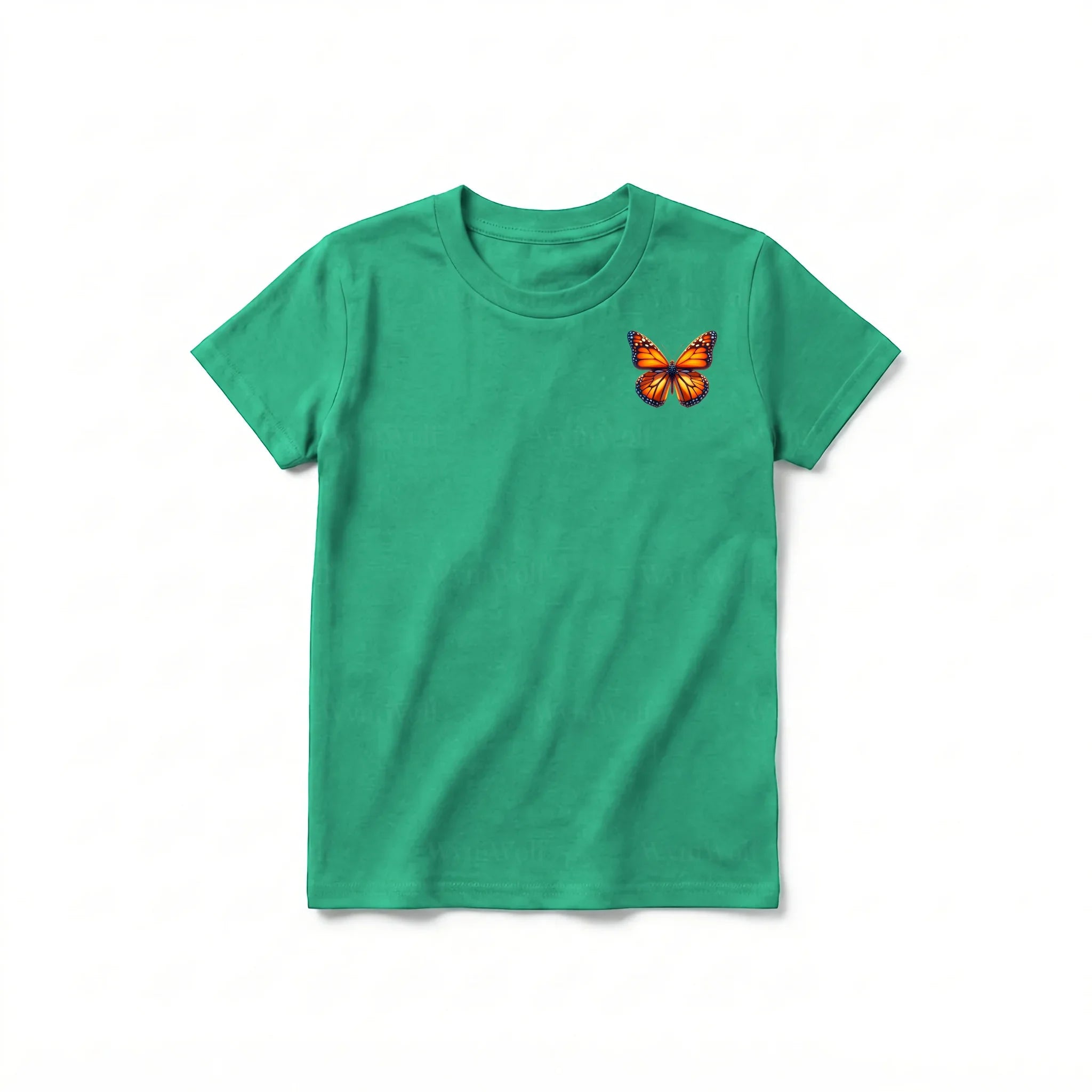 Un T-shirt kelly à manches courtes et col rond pour jeune, orné d'un motif représentant un arthropode sur la poitrine gauche.
