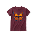 A maroon short-sleeve crewneck t-shirt for youth featuring a graphic of a arthropods animal on the front.