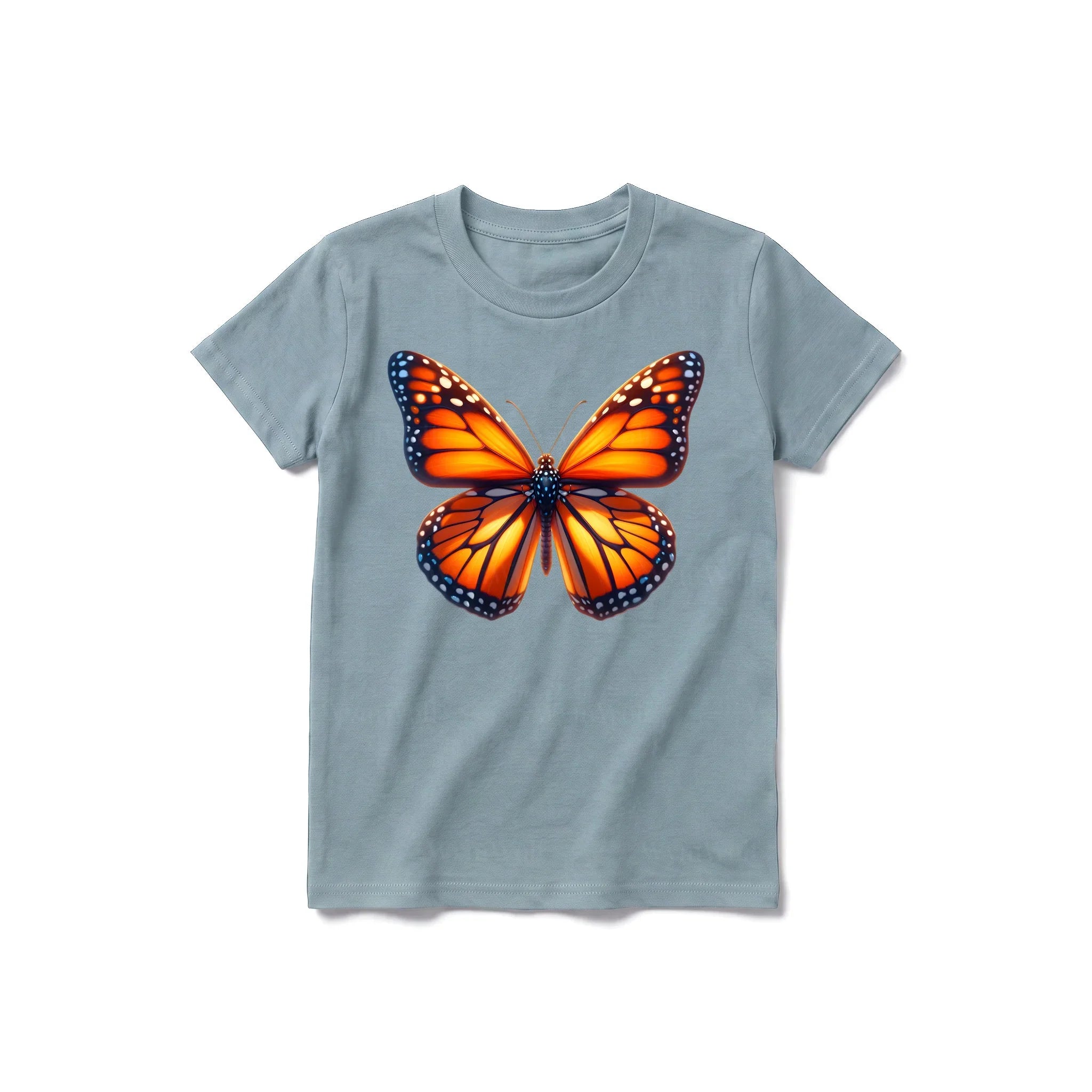 Un T-shirt sauge à manches courtes et col rond pour jeune, orné d'un motif représentant un arthropode sur le devant.