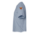 Un T-shirt steel-blue à manches courtes et col rond, orné d'un motif représentant un arthropode sur le haut de la manche gauche.