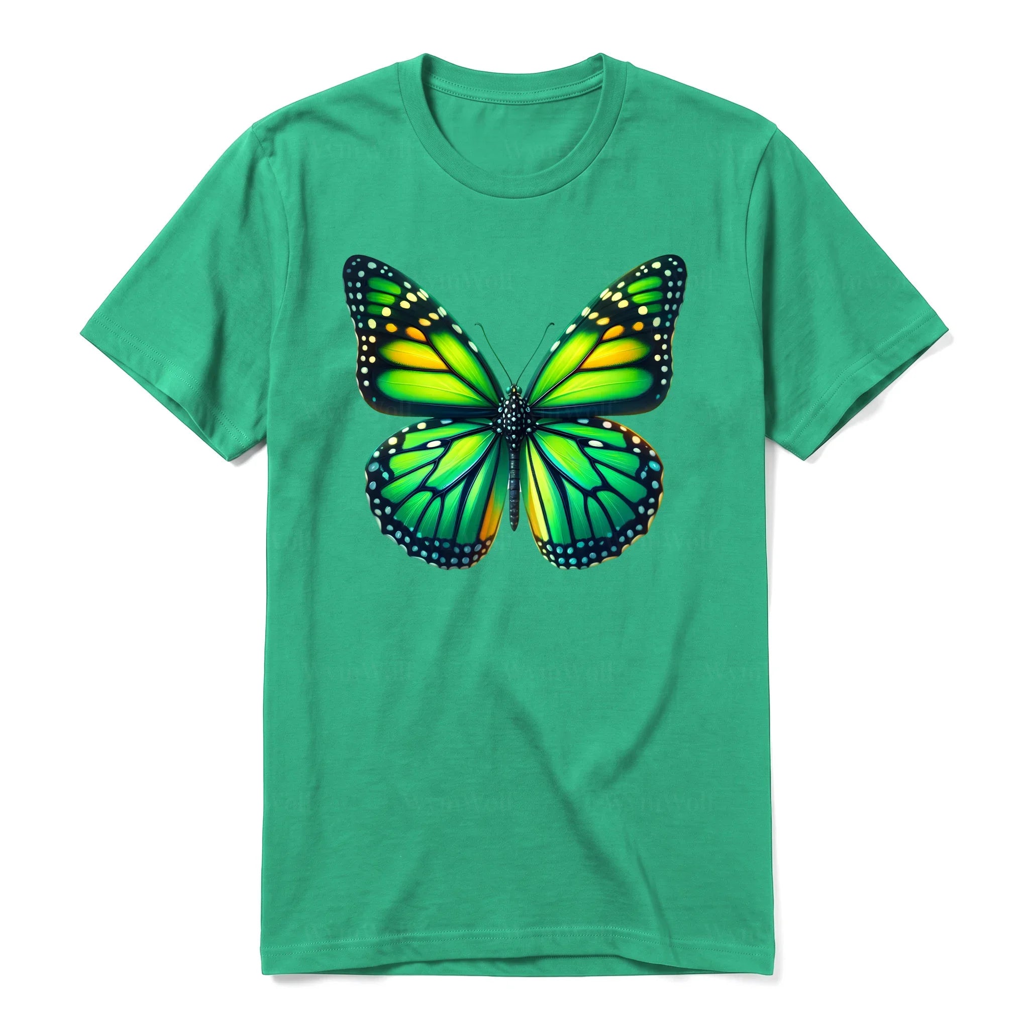 Un T-shirt kelly à manches courtes et col rond, orné d'un motif représentant un arthropod sur le devant.