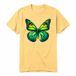 Un T-shirt moutarde à manches courtes et col rond, orné d'un motif représentant un arthropod sur le devant.