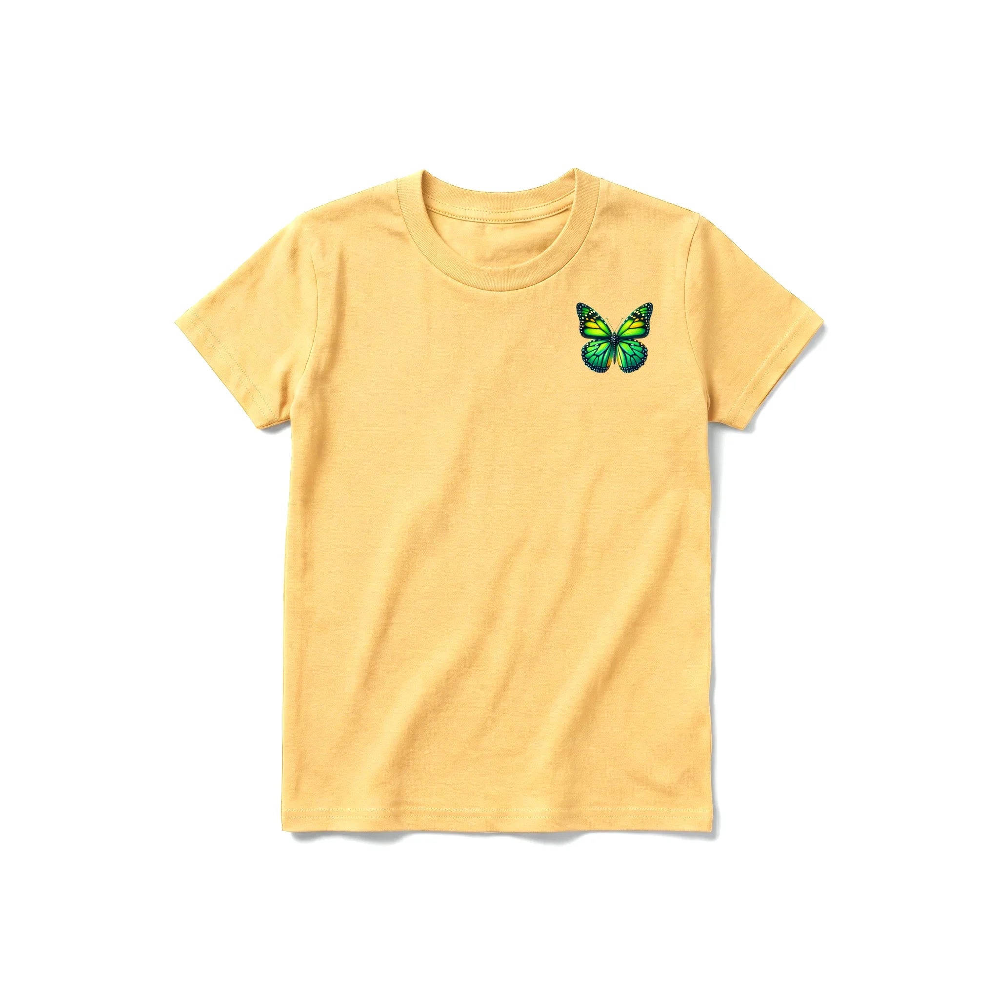 Un T-shirt moutarde à manches courtes et col rond pour jeune, orné d'un motif représentant un arthropode sur la poitrine gauche.