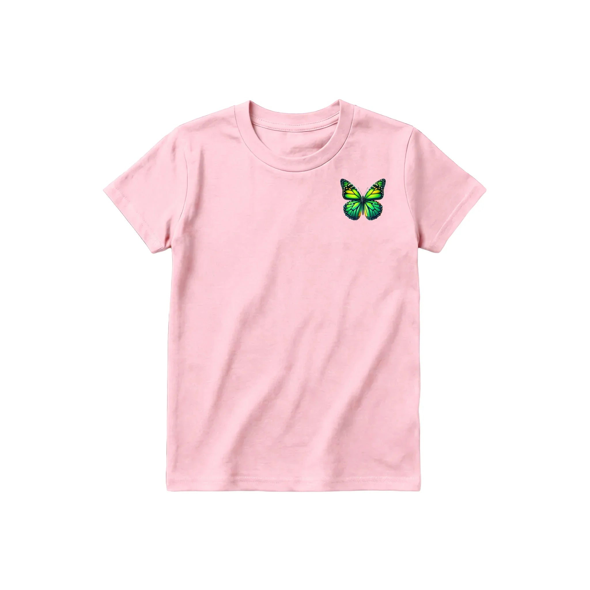 Un T-shirt rose à manches courtes et col rond pour jeune, orné d'un motif représentant un arthropode sur la poitrine gauche.