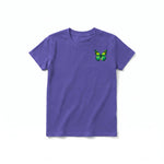 A purple short-sleeve crewneck t-shirt for youth featuring a graphic of a arthropods animal on the left chest.