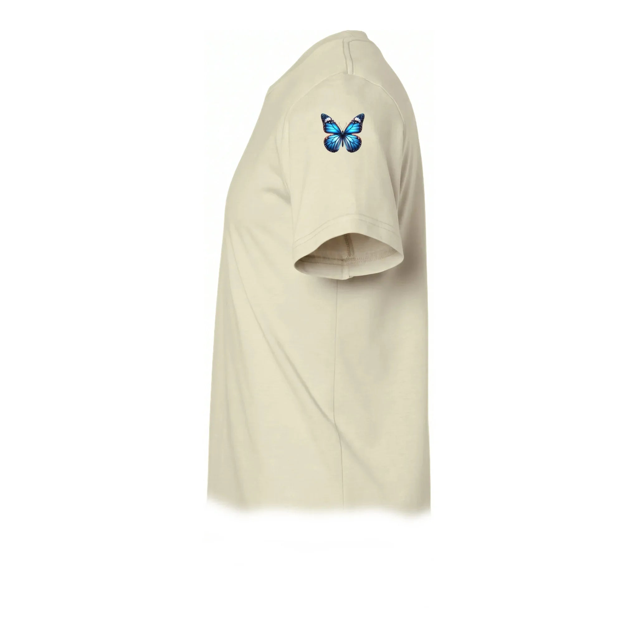 A latte short-sleeve crewneck t-shirt  featuring a small graphic of a arthropods animal on the upper left sleeve.
