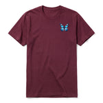 A maroon short-sleeve crewneck t-shirt for adult featuring a graphic of a arthropods animal on the left chest.