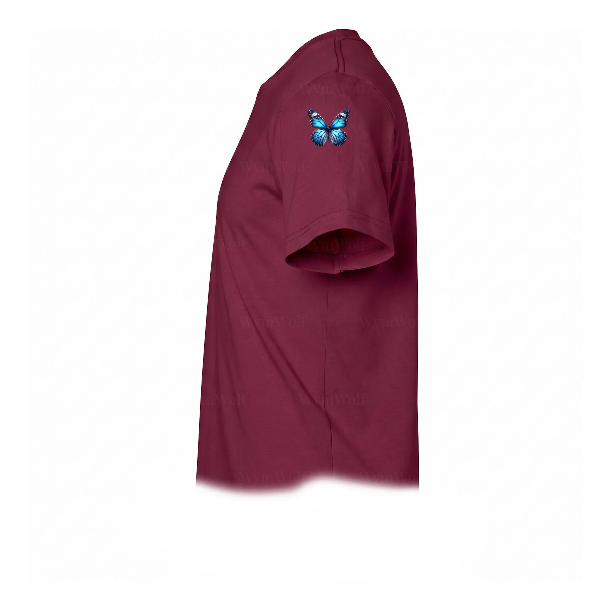 A maroon short-sleeve crewneck t-shirt  featuring a small graphic of a arthropods animal on the upper left sleeve.