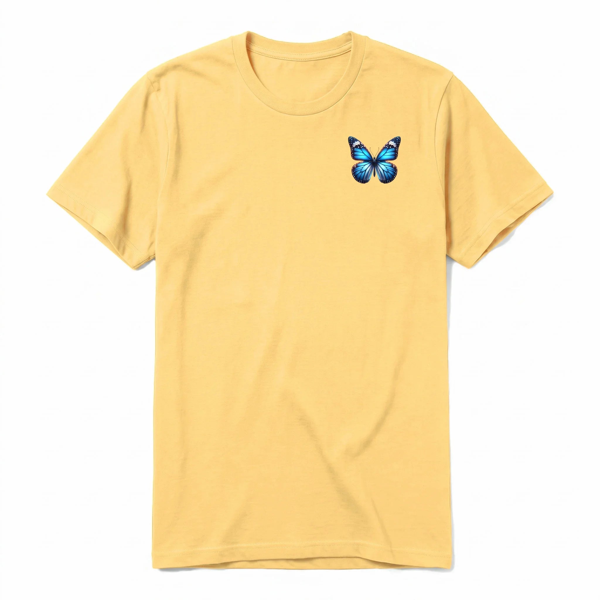 Un T-shirt moutarde à manches courtes et col rond, orné d'un motif représentant un arthropod sur la poitrine gauche.