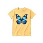 Un T-shirt moutarde à manches courtes et col rond pour jeune, orné d'un motif représentant un arthropode sur le devant.