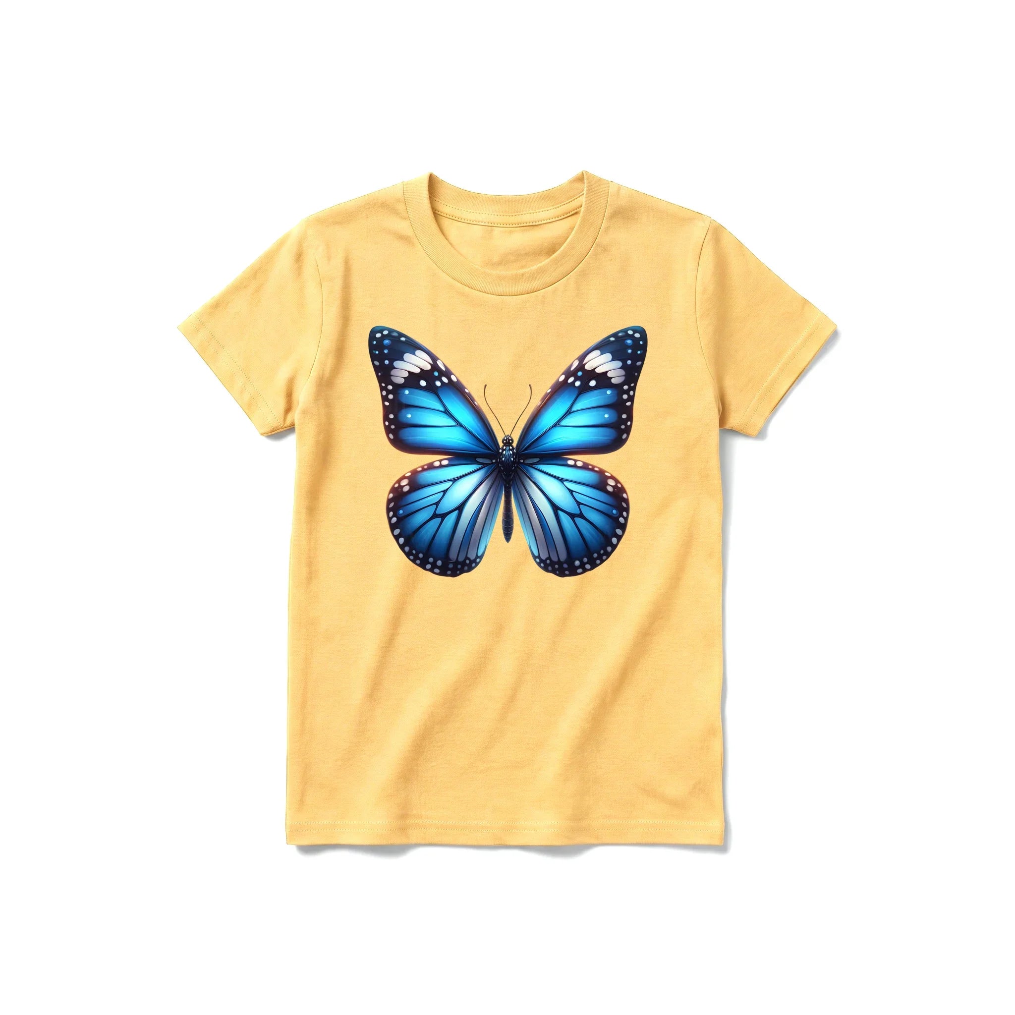 Un T-shirt moutarde à manches courtes et col rond pour jeune, orné d'un motif représentant un arthropode sur le devant.