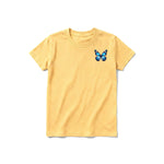 A mustard short-sleeve crewneck t-shirt for youth featuring a graphic of a arthropods animal on the left chest.