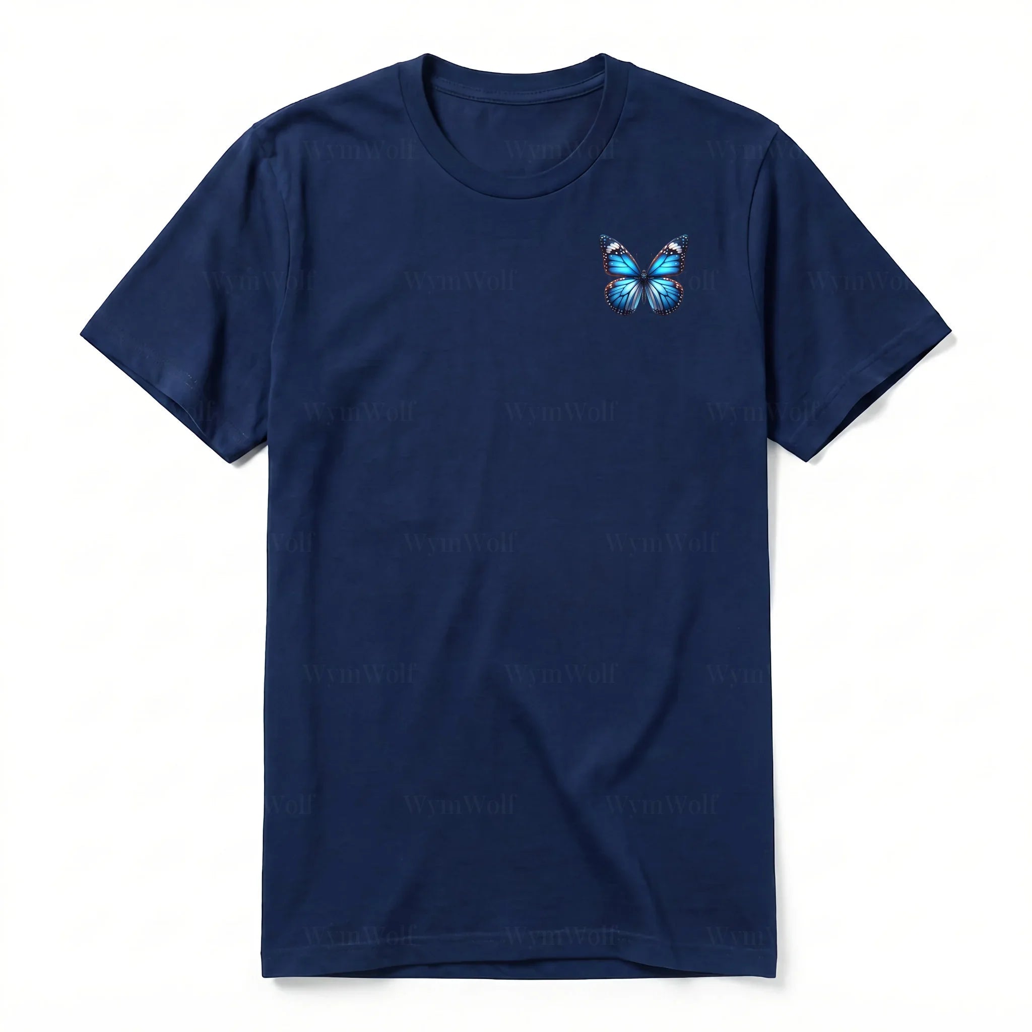 Un T-shirt marine à manches courtes et col rond, orné d'un motif représentant un arthropod sur la poitrine gauche.