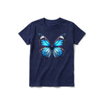 Un T-shirt marine à manches courtes et col rond pour jeune, orné d'un motif représentant un arthropode sur le devant.
