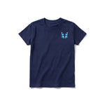 Un T-shirt marine à manches courtes et col rond pour jeune, orné d'un motif représentant un arthropode sur la poitrine gauche.
