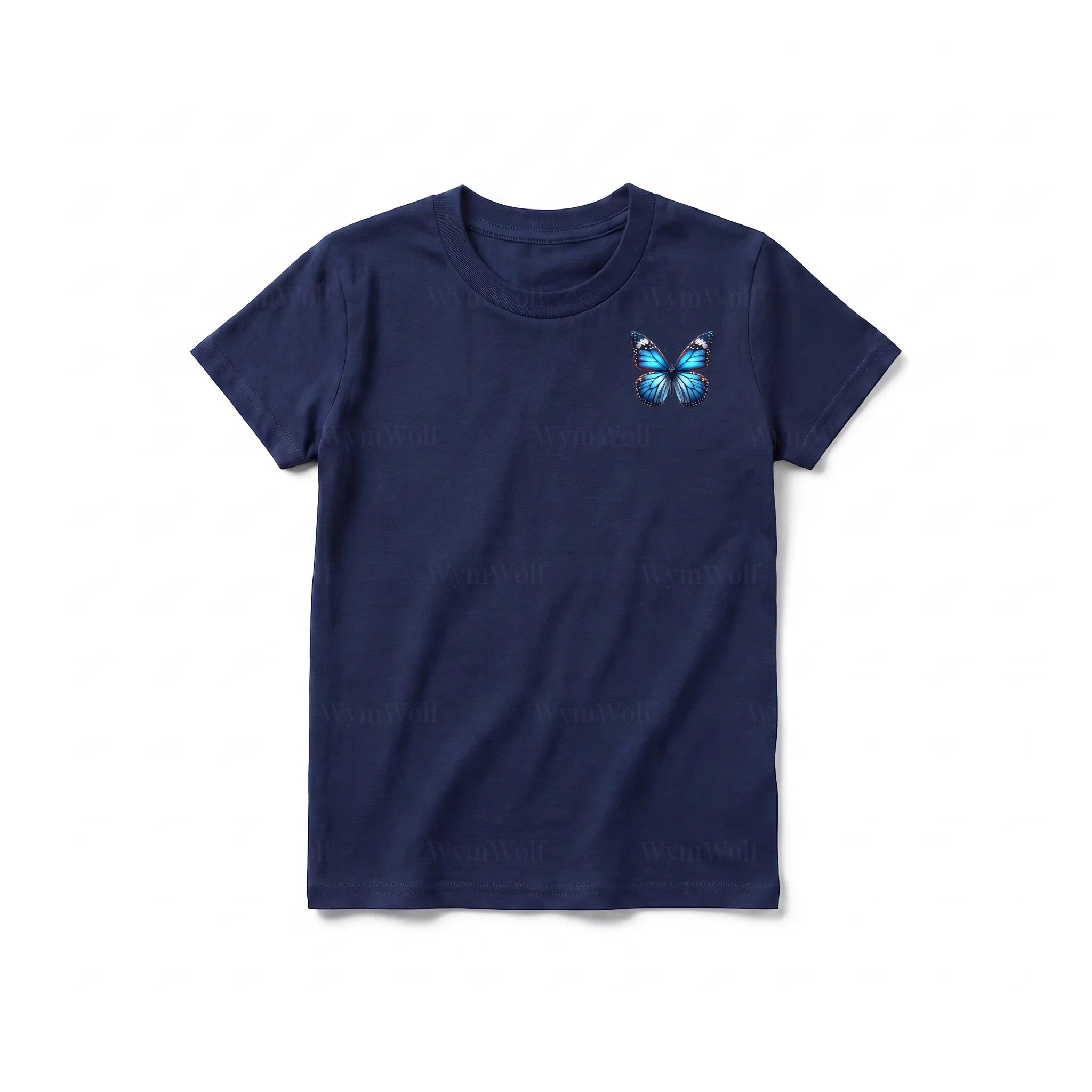 Un T-shirt marine à manches courtes et col rond pour jeune, orné d'un motif représentant un arthropode sur la poitrine gauche.