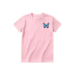 A pink short-sleeve crewneck t-shirt for youth featuring a graphic of a arthropods animal on the left chest.