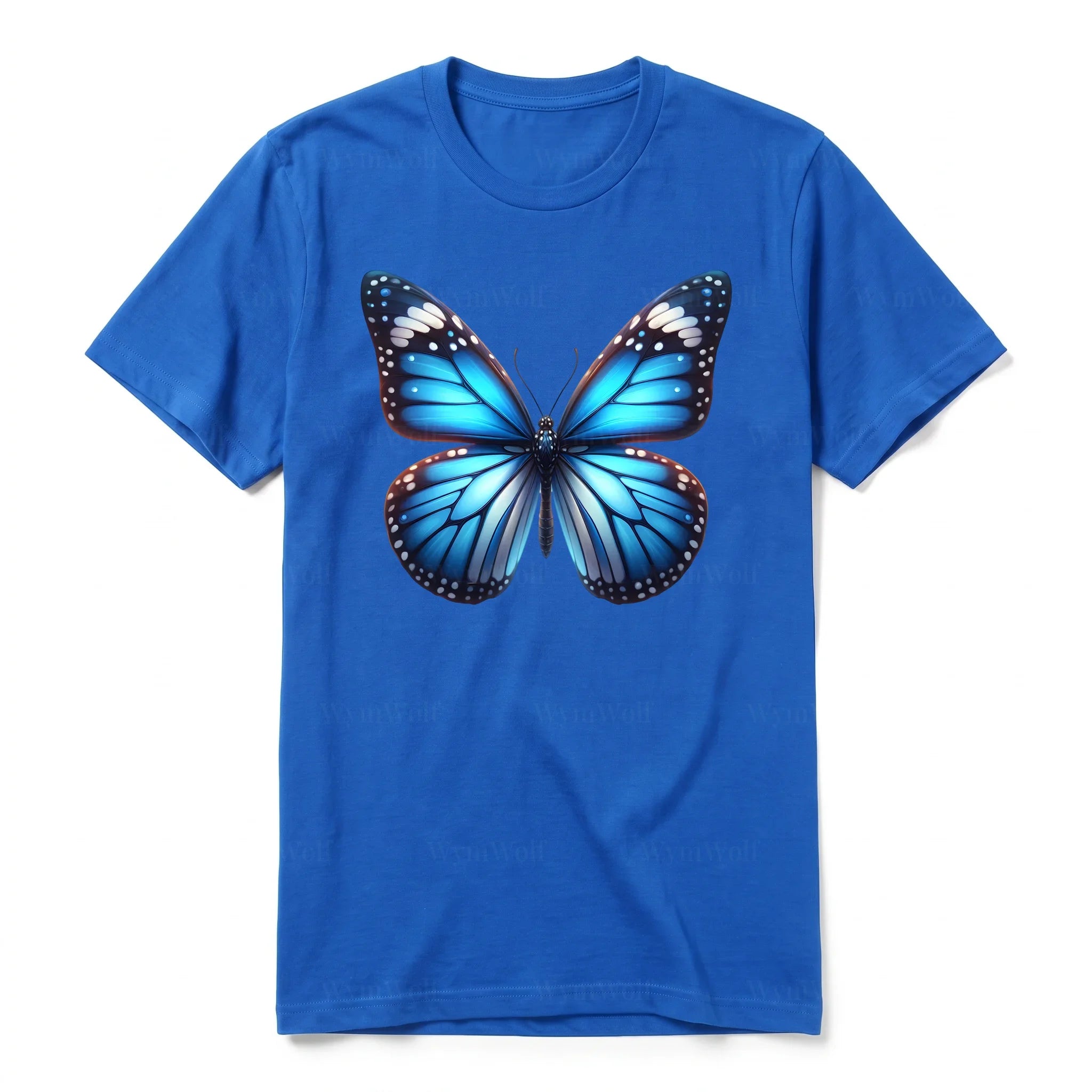 Un T-shirt royal à manches courtes et col rond, orné d'un motif représentant un arthropod sur le devant.