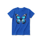 Un T-shirt royal à manches courtes et col rond pour jeune, orné d'un motif représentant un arthropode sur le devant.