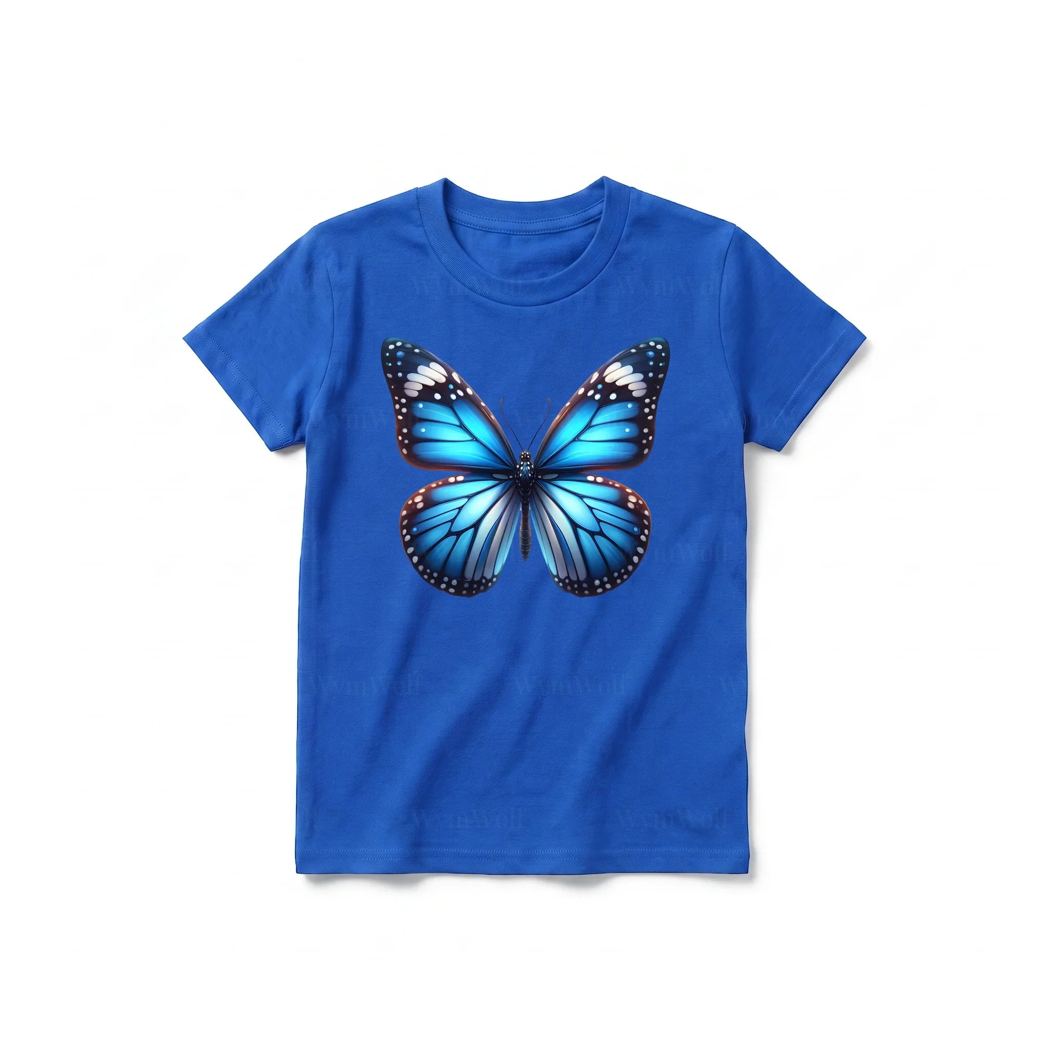 Un T-shirt royal à manches courtes et col rond pour jeune, orné d'un motif représentant un arthropode sur le devant.