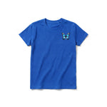 Un T-shirt royal à manches courtes et col rond pour jeune, orné d'un motif représentant un arthropode sur la poitrine gauche.