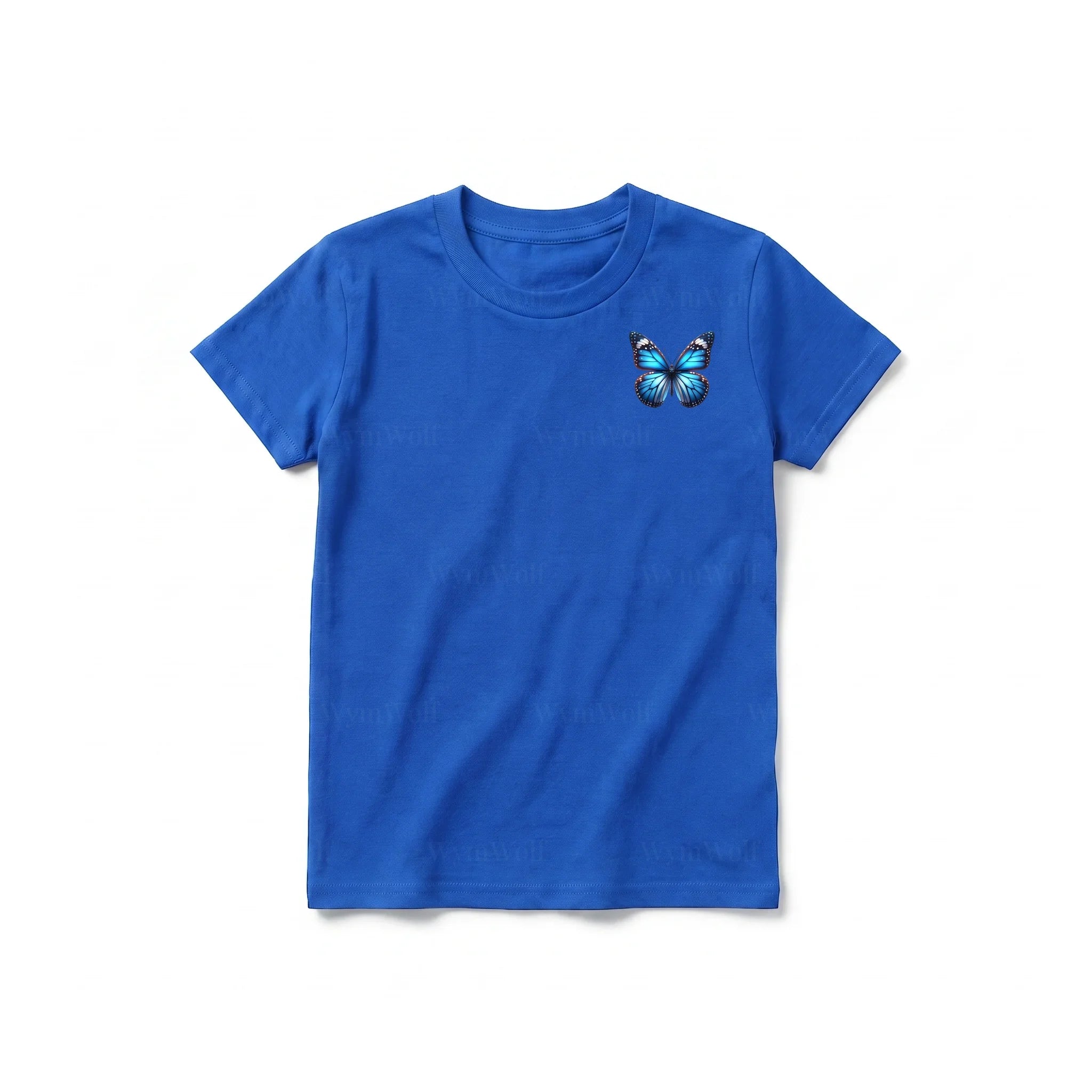 Un T-shirt royal à manches courtes et col rond pour jeune, orné d'un motif représentant un arthropode sur la poitrine gauche.