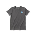 A charcoal short-sleeve crewneck t-shirt for youth featuring a graphic of a arthropods animal on the left chest.