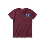 A maroon short-sleeve crewneck t-shirt for youth featuring a graphic of a arthropods animal on the left chest.