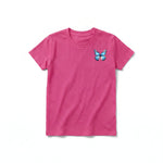 A raspberry short-sleeve crewneck t-shirt for youth featuring a graphic of a arthropods animal on the left chest.