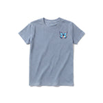 A steel-blue short-sleeve crewneck t-shirt for youth featuring a graphic of a arthropods animal on the left chest.