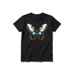 Un T-shirt noir à manches courtes et col rond pour jeune, orné d'un motif représentant un arthropode sur le devant.