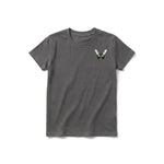 A charcoal short-sleeve crewneck t-shirt for youth featuring a graphic of a arthropods animal on the left chest.