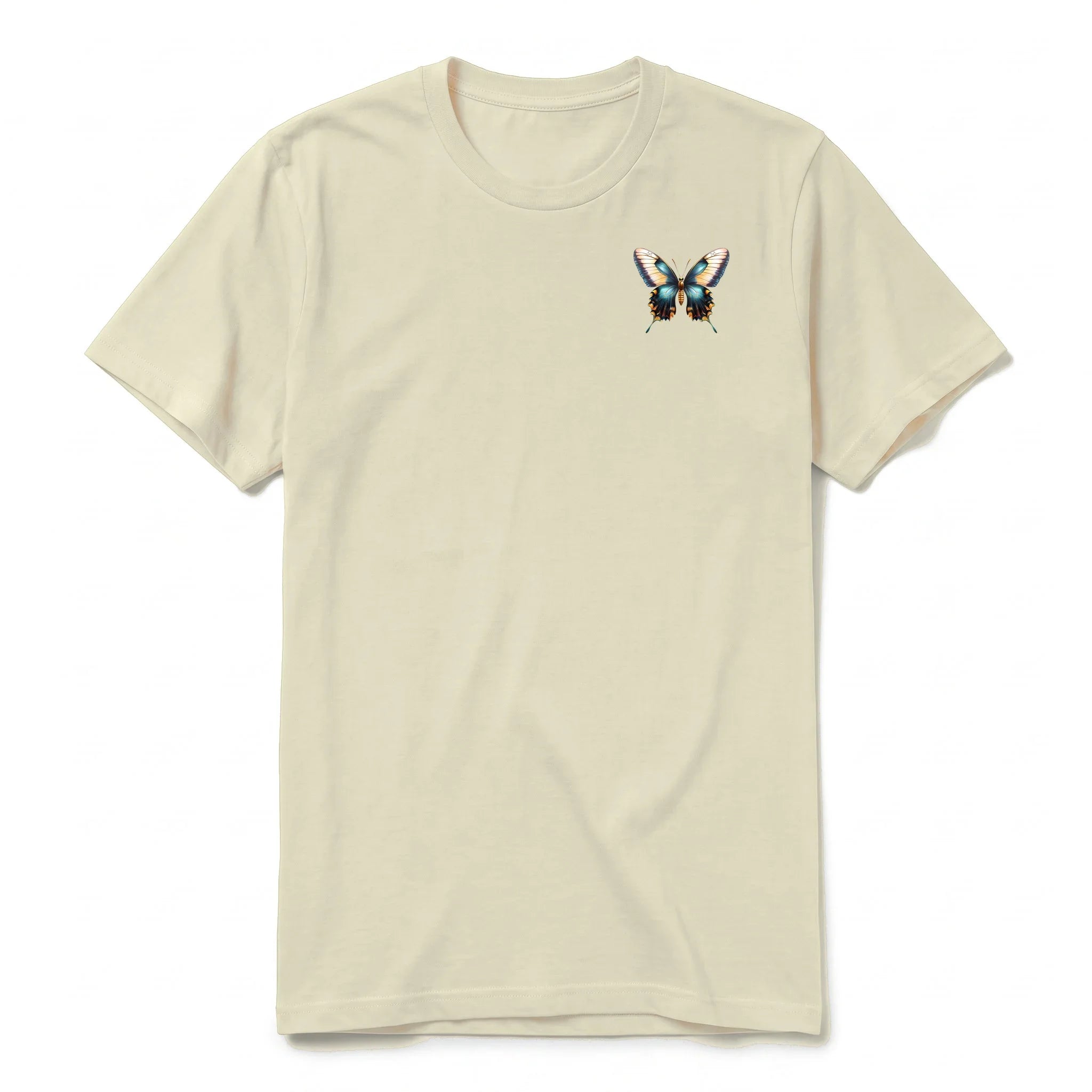 Un T-shirt latte à manches courtes et col rond, orné d'un motif représentant un arthropod sur la poitrine gauche.
