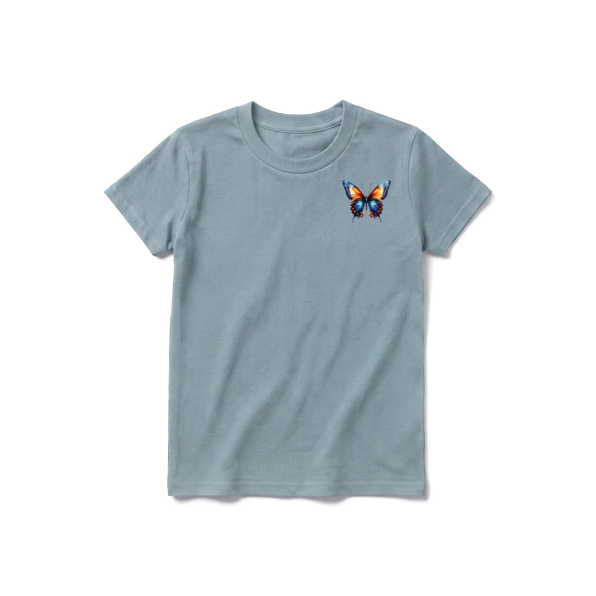 Un T-shirt sauge à manches courtes et col rond pour jeune, orné d'un motif représentant un arthropode sur la poitrine gauche.