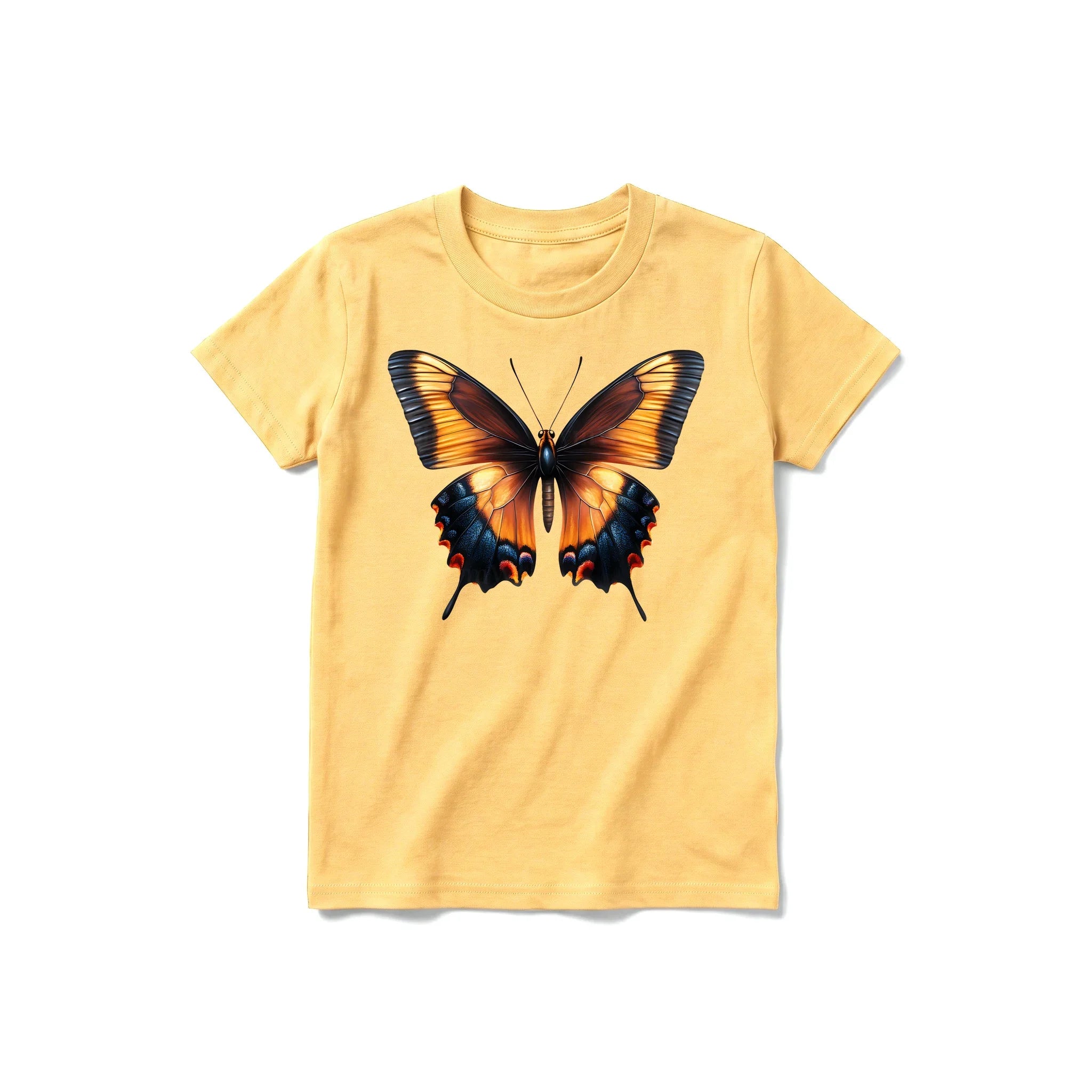 Un T-shirt moutarde à manches courtes et col rond pour jeune, orné d'un motif représentant un arthropode sur le devant.
