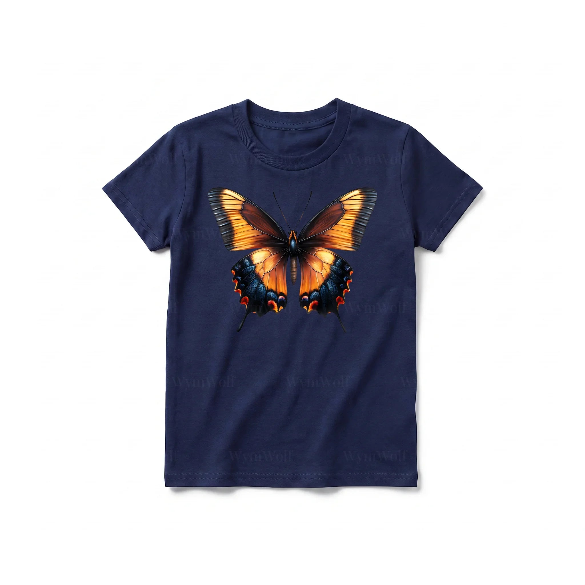 Un T-shirt marine à manches courtes et col rond pour jeune, orné d'un motif représentant un arthropode sur le devant.