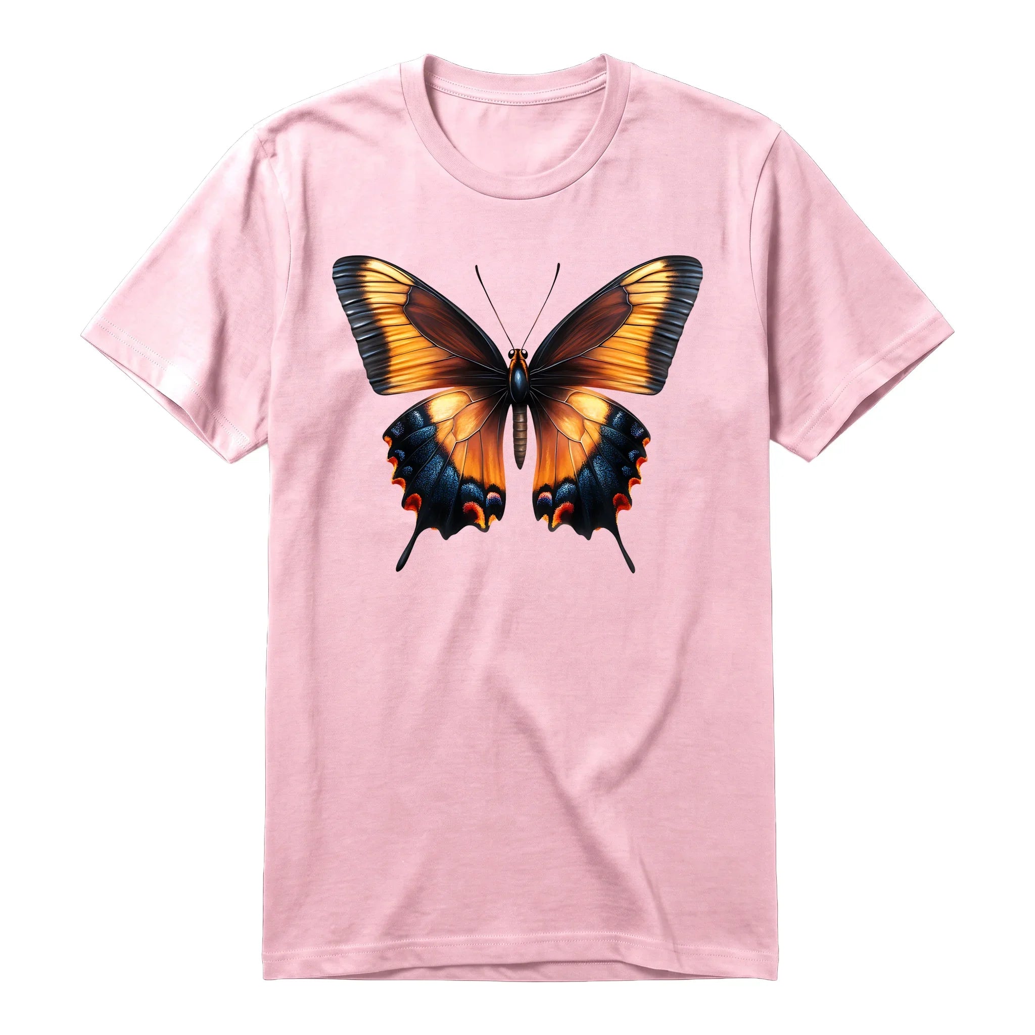Un T-shirt rose à manches courtes et col rond, orné d'un motif représentant un arthropod sur le devant.